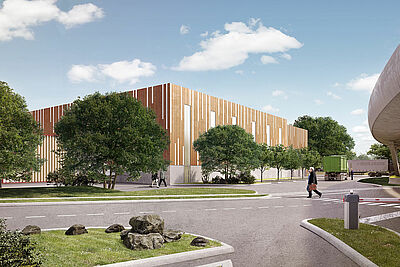 Perspective architecturale - Plateforme logistique hôtelière et avancée - vue depuis la rue Abbé Huet