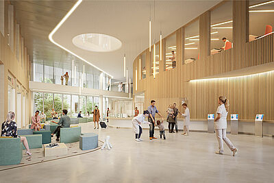 Perspective architecturale #NouveauCHURennes - Hall d'entrée accueil hôpital femme-mère-enfant (FME) 