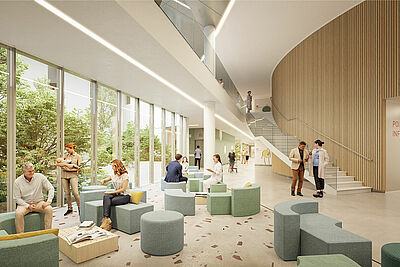 Perspective architecturale #NouveauCHURennes - Rue intérieure hôpital femme-mère-enfant (FME)