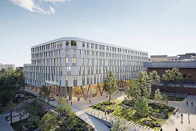 Perspective architecturale #NouveauCHURennes - Vue hôpital femme-mère-enfant (FME) depuis centre de soins dentaires (CSD)