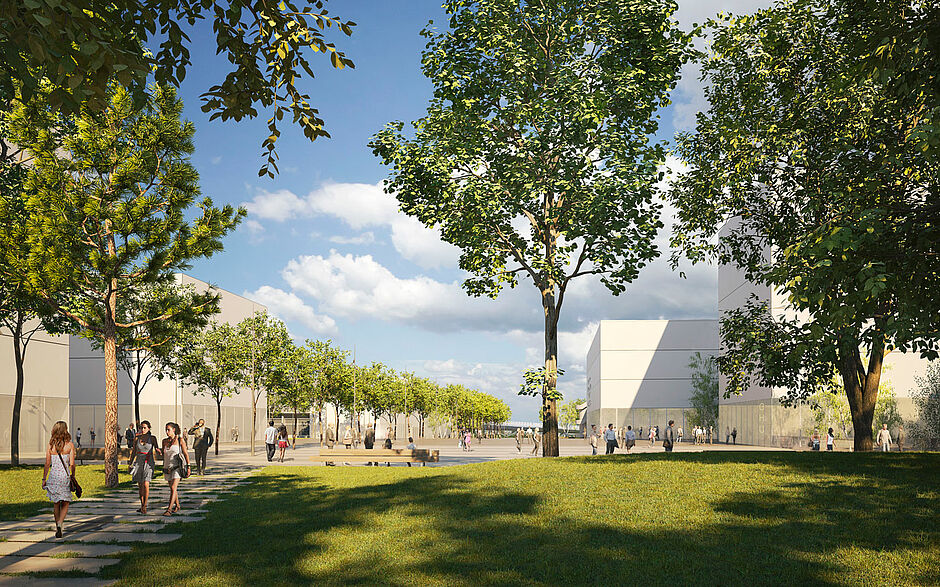 Perspective architecturale #NouveauCHURennes - Vue de l'esplanade hospitalo-universitaire côté université - Agrandir l'image (fenêtre modale)