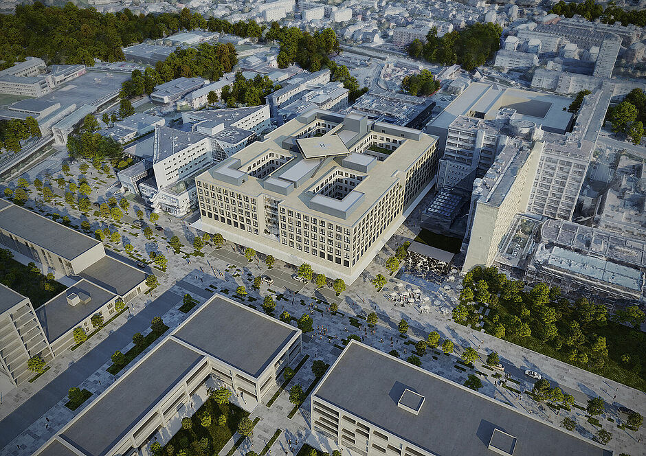 Perspective architecturale #NouveauCHURennes - vue aérienne du centre chirurgical et interventionnel (CCI) - Agrandir l'image (fenêtre modale)