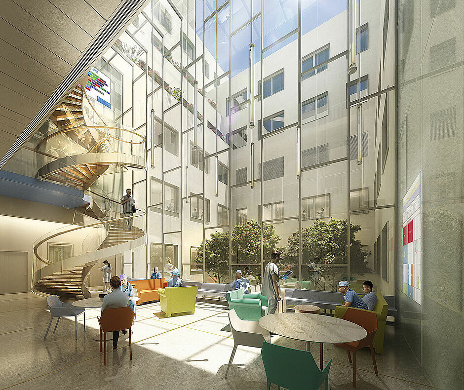 Perspective architecturale #NouveauCHURennes - lounge des professionnels médicaux du centre chirurgical et interventionnel (CCI)