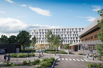 Perspective architecturale #NouveauCHURennes - Vue Nord parcours piétons et parking P4 hôpital femme-mère-enfant (FME)