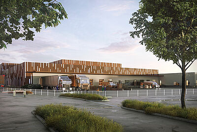 Perspective architecturale - Plateforme logistique hôtelière et avancée - vue de la cour logistique