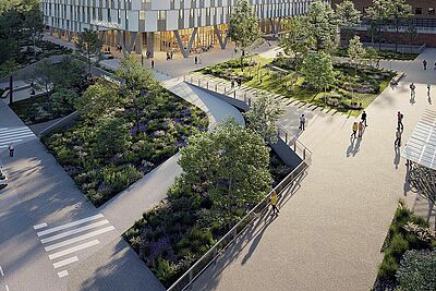 Perspective architecturale #NouveauCHURennes - Univers paysager hôpital femme-mère-enfant (FME) 