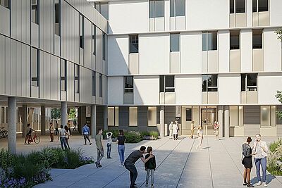 Perspective architecturale #NouveauCHURennes - Liaison piétonne Est-Ouest hôpital femme-mère-enfant (FME) depuis esplanade hospitalo-universitaire